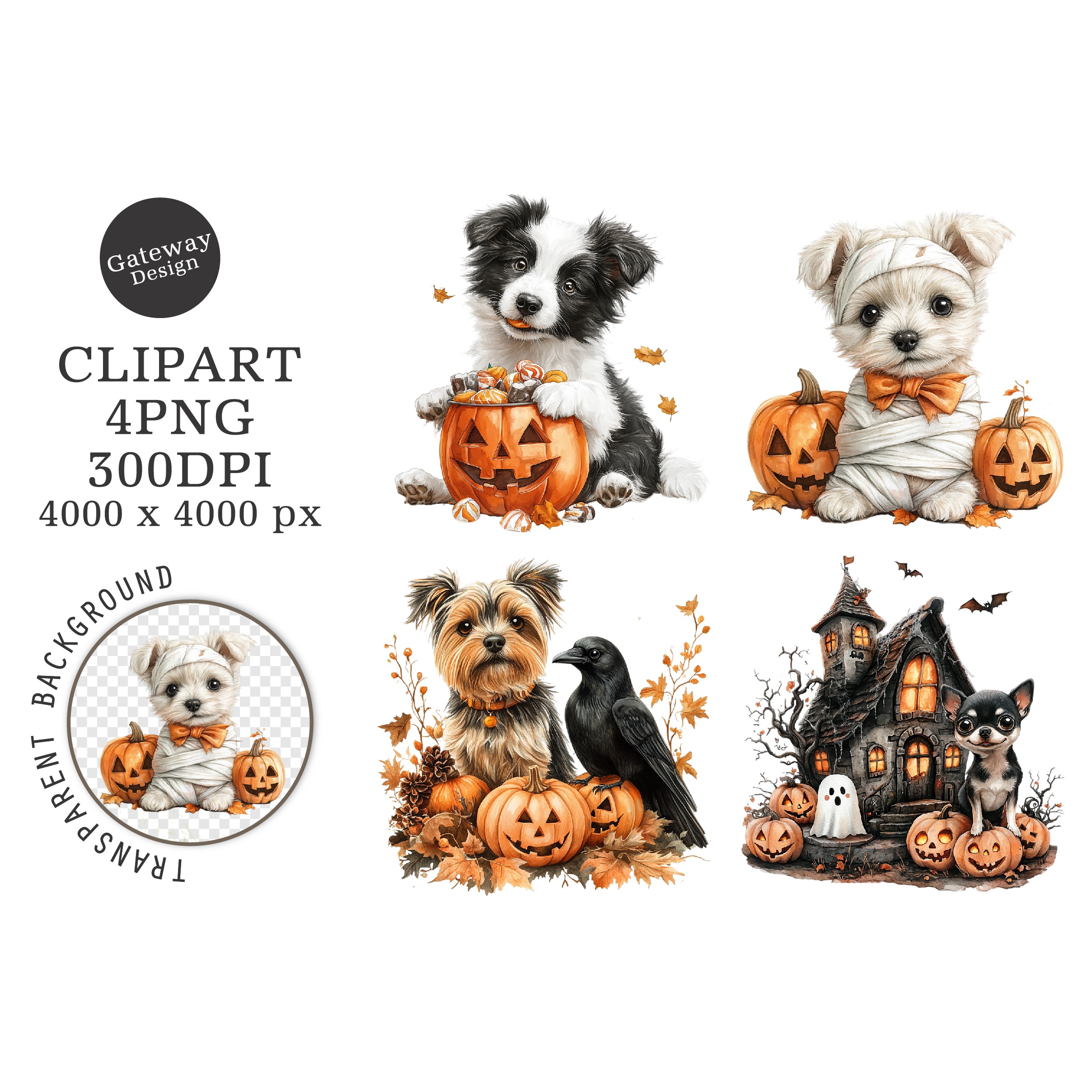 Watercolor Halloween Dogs Clipart (3)