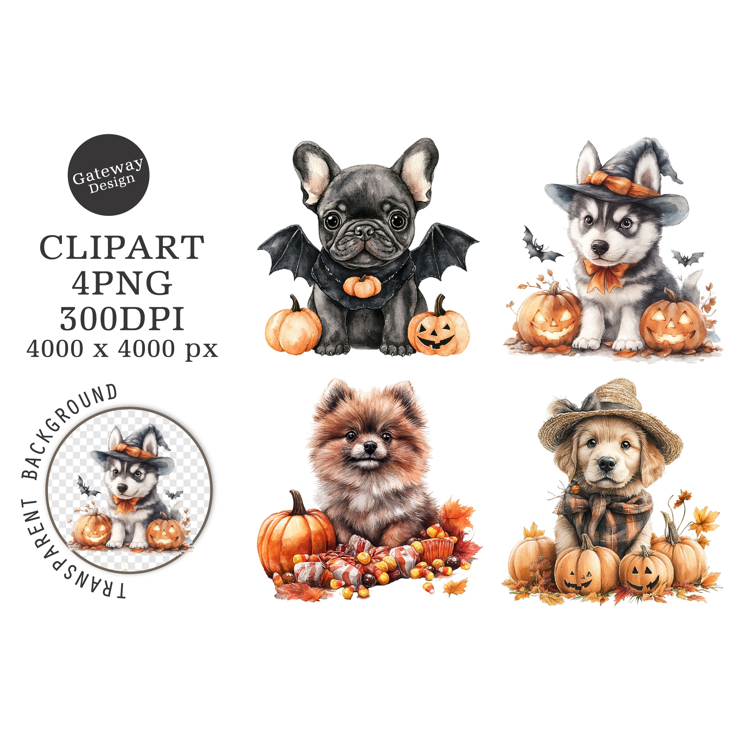 Watercolor Halloween Dogs Clipart (4)