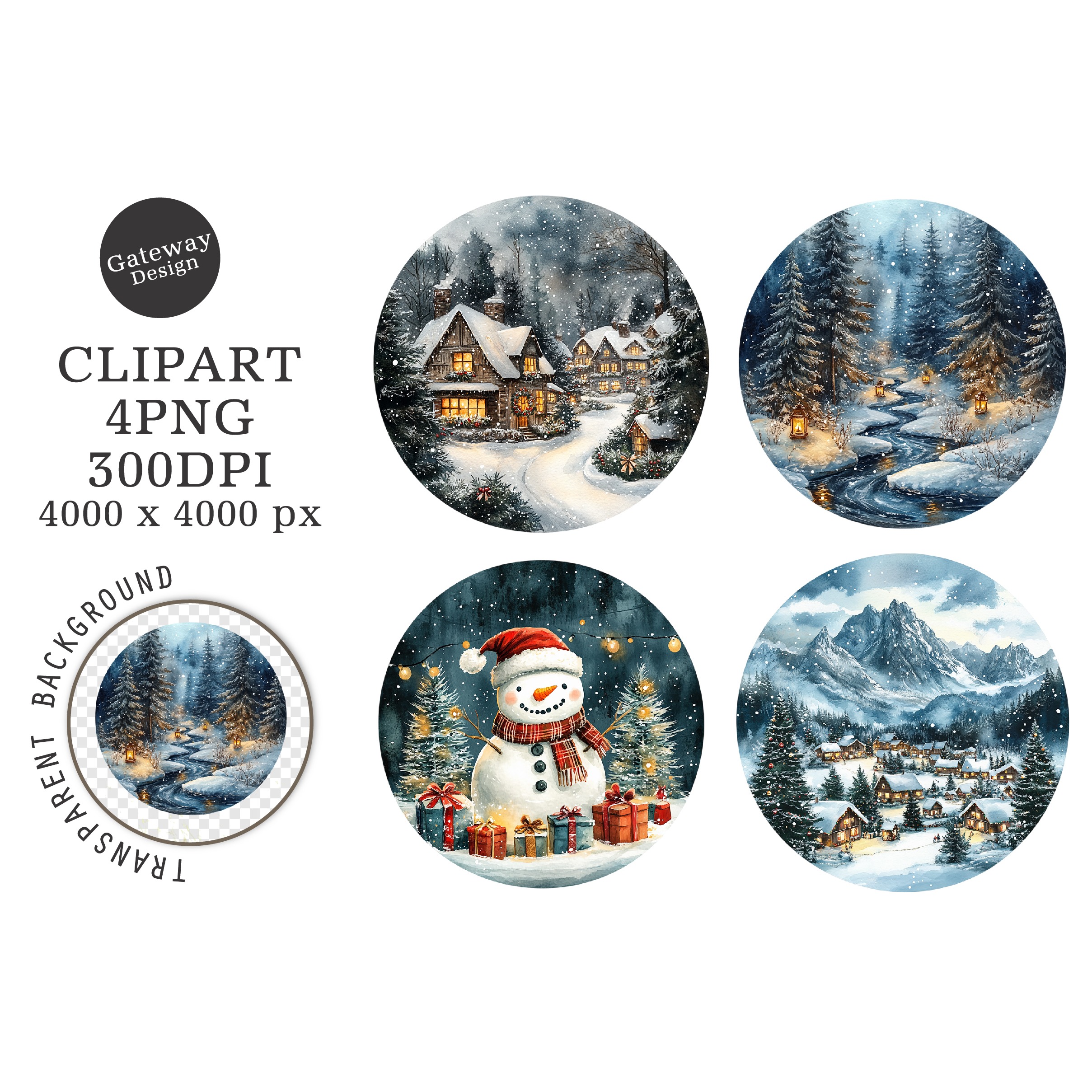 Watercolor Winter Landscape Clipart (2)