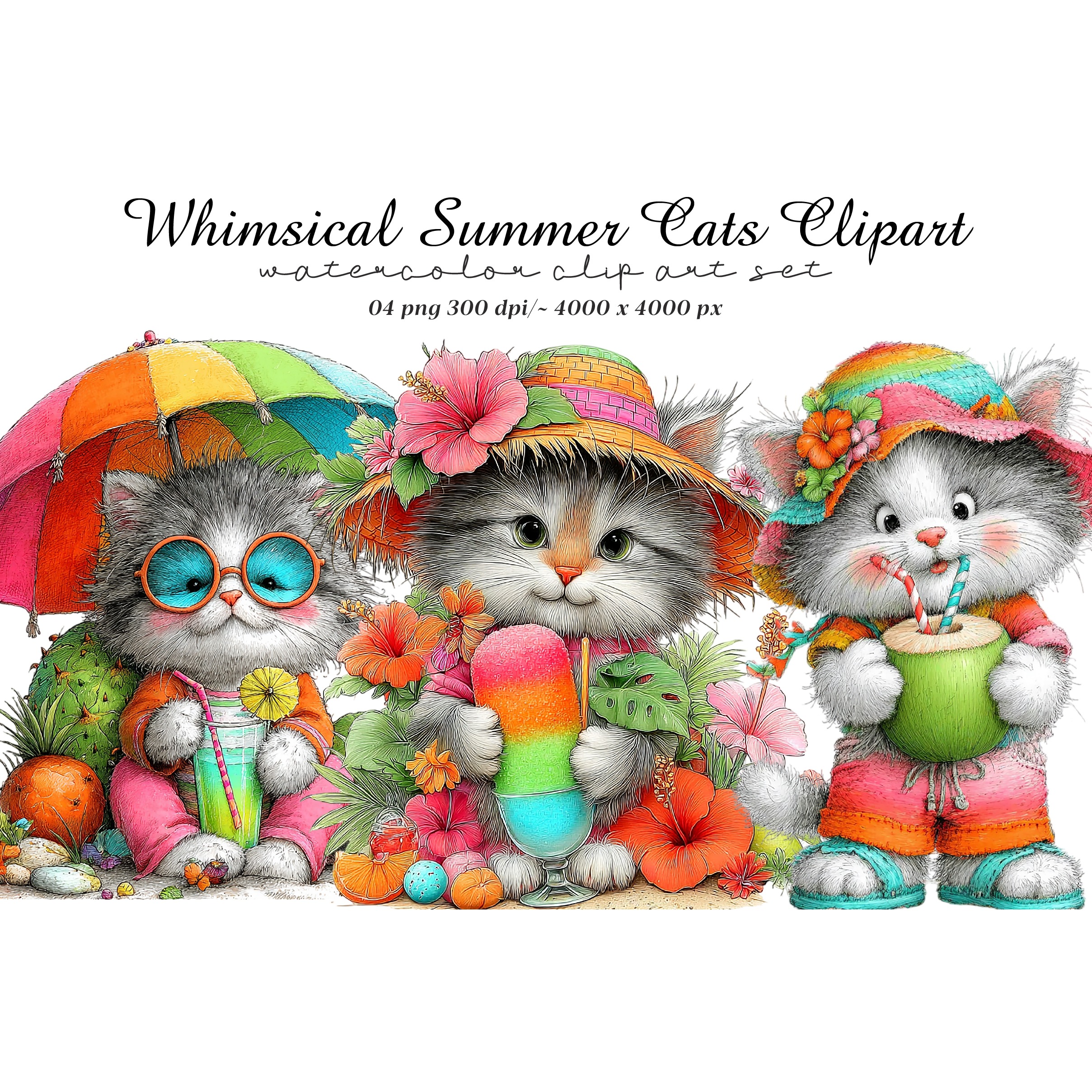 Whimsical Summer Cats Clipart