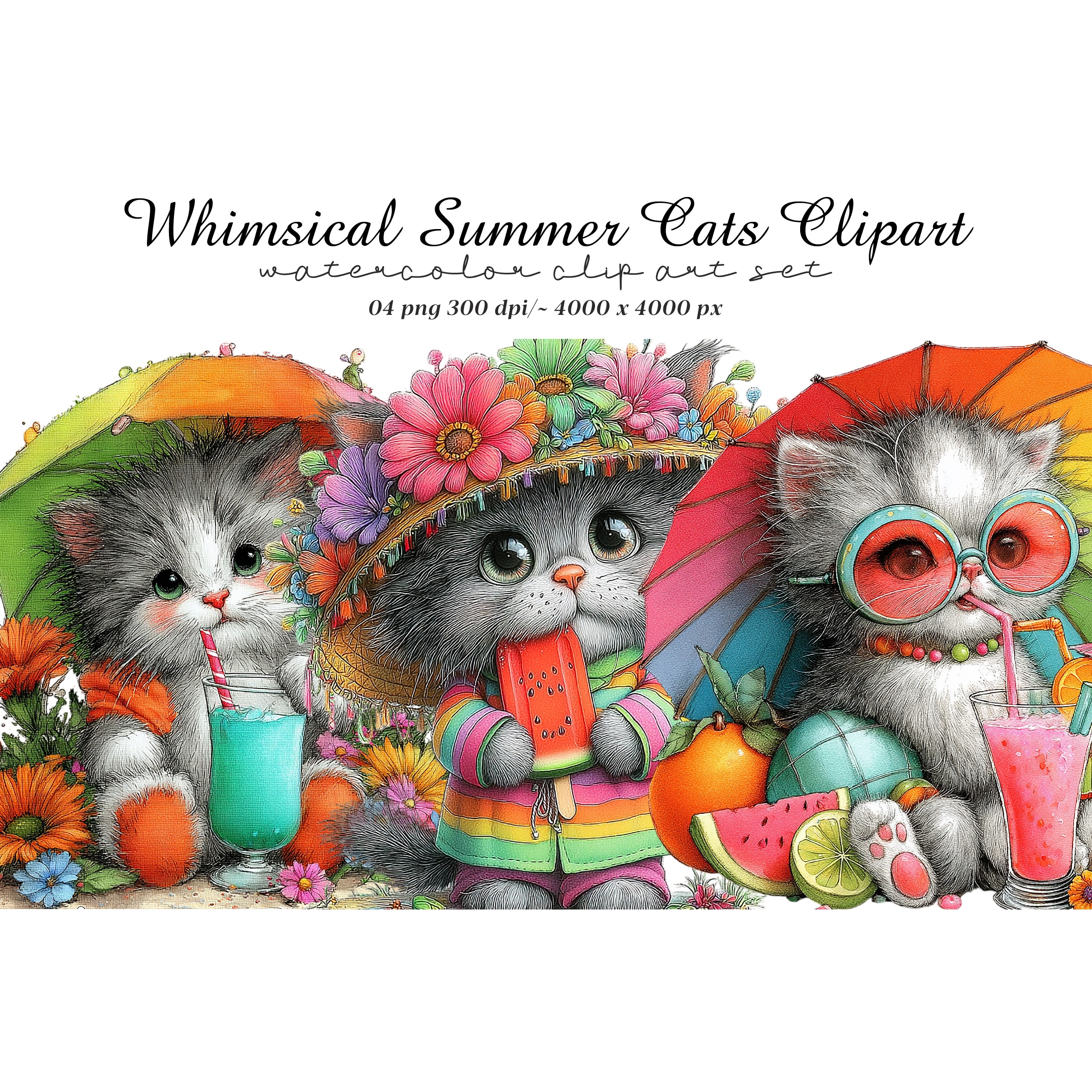 Whimsical Summer Cats Clipart (2)
