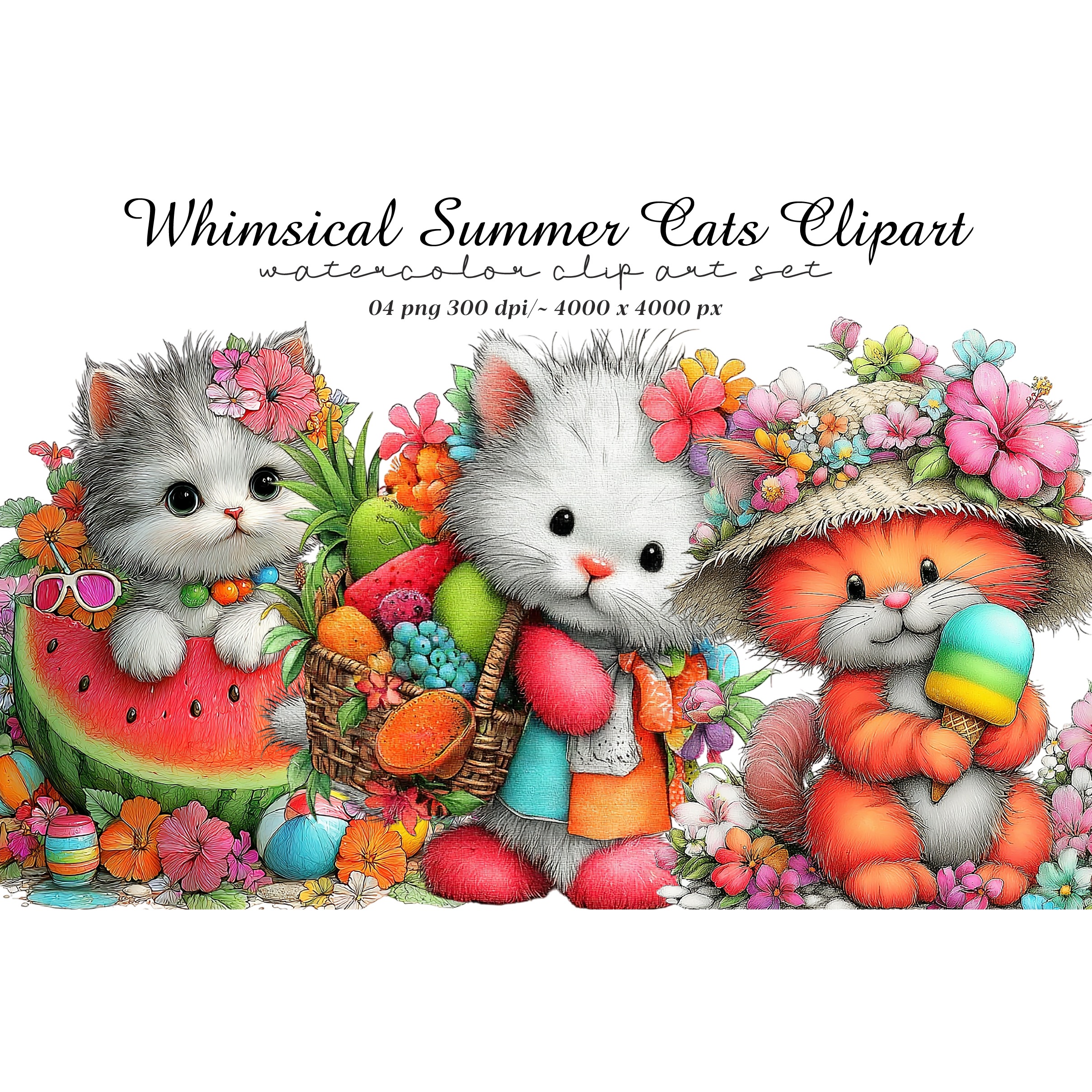 Whimsical Summer Cats Clipart (3)