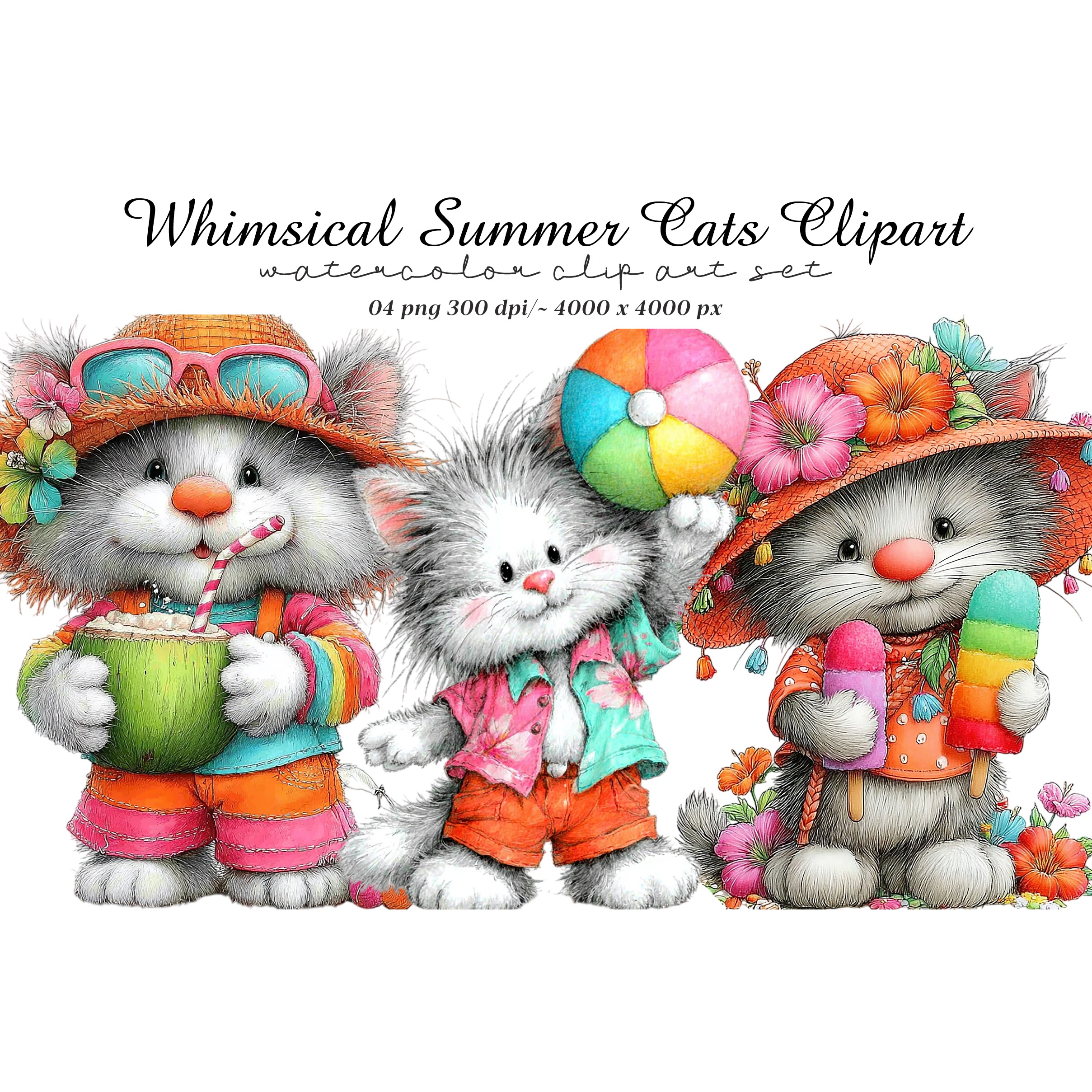 Whimsical Summer Cats Clipart (4)